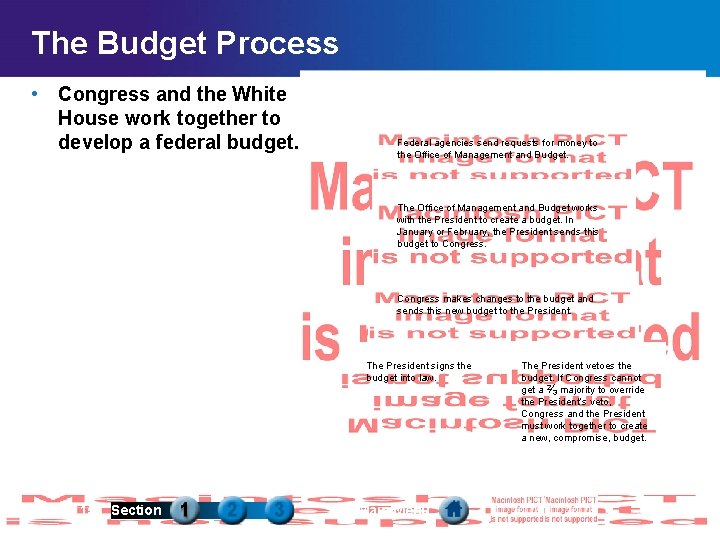 The Budget Process • Congress and the White House work together to develop a