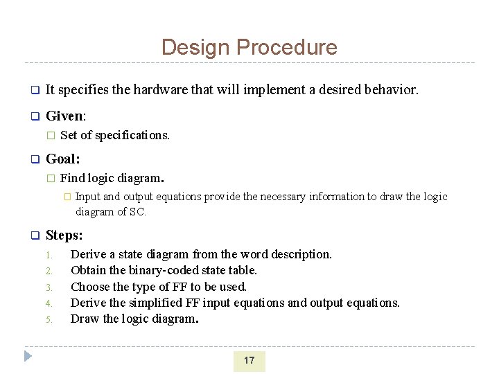 Design Procedure q It specifies the hardware that will implement a desired behavior. q