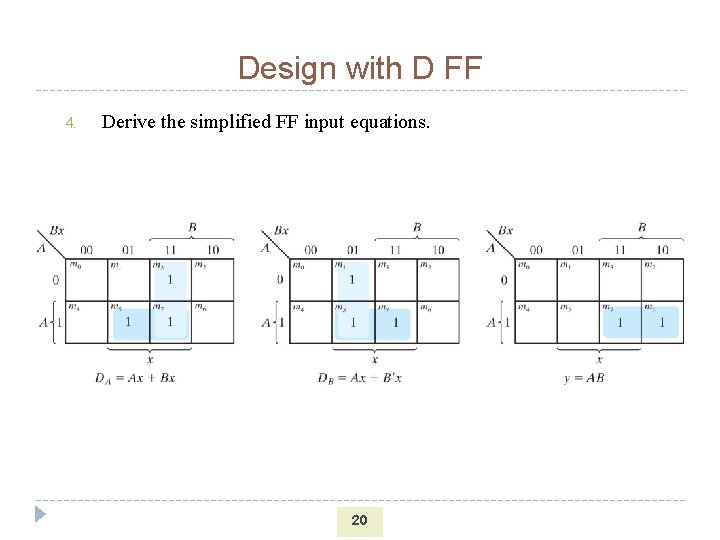 Design with D FF 4. Derive the simplified FF input equations. 20 