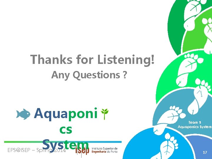 Thanks for Listening! Any Questions ? Aquaponi cs System EPS@ISEP – Spring 2014 Team