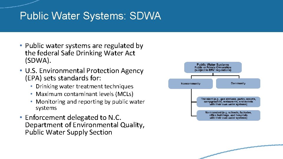 Public Water Systems: SDWA • Public water systems are regulated by the federal Safe