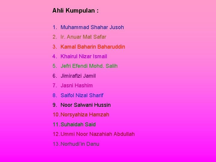 Ahli Kumpulan : 1. Muhammad Shahar Jusoh 2. Ir. Anuar Mat Safar 3. Kamal