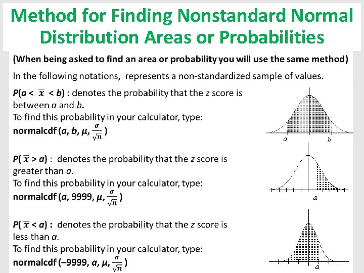 Method for Finding Nonstandard Normal Distribution Areas or Probabilities a b a a 