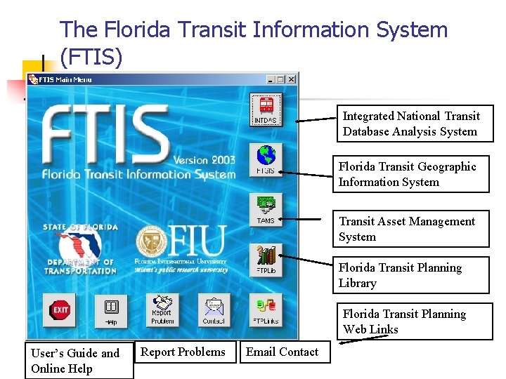 The Florida Transit Information System (FTIS) Integrated National Transit Database Analysis System Florida Transit