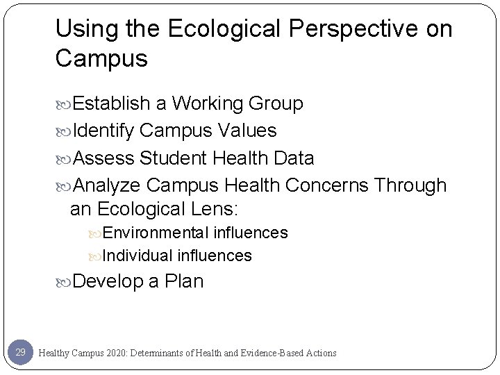 Using the Ecological Perspective on Campus Establish a Working Group Identify Campus Values Assess