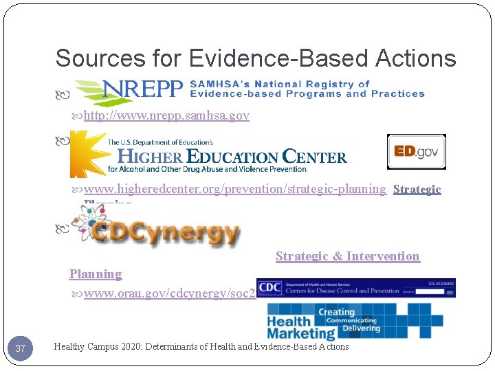 Sources for Evidence-Based Actions http: //www. nrepp. samhsa. gov Higher Education Center for Adrug