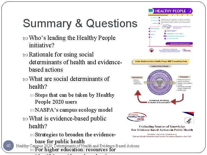Summary & Questions Who’s leading the Healthy People initiative? Rationale for using social determinants