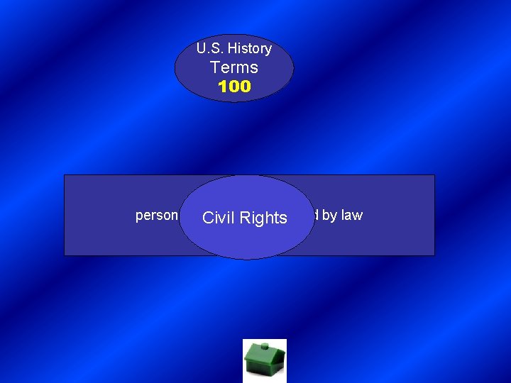 U. S. History Terms 100 personal liberties guaranteed by law Civil Rights 
