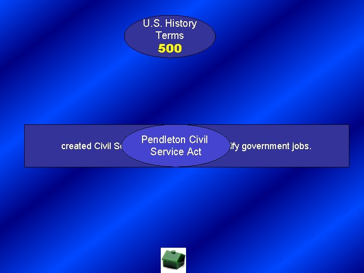 U. S. History Terms 500 Pendleton Civil Service Act created Civil Service Commission to