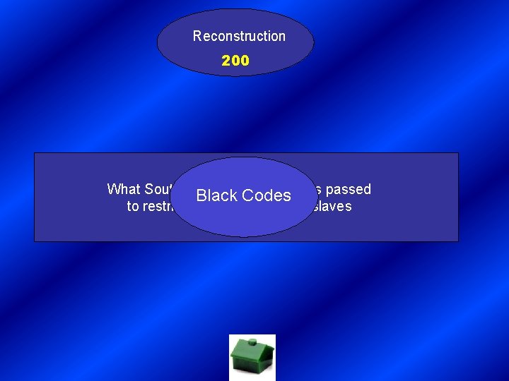 Reconstruction 200 What Southern state governments passed Black Codes to restrict the rights of