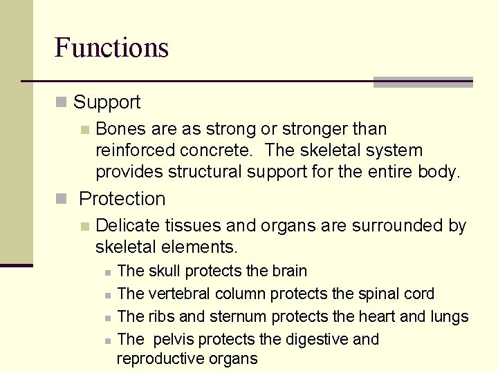 Functions n Support n Bones are as strong or stronger than reinforced concrete. The