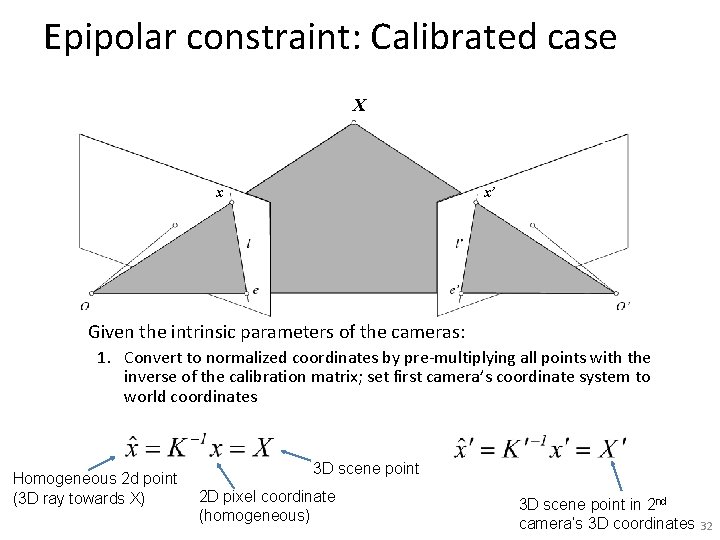 Epipolar constraint: Calibrated case X x x’ Given the intrinsic parameters of the cameras: