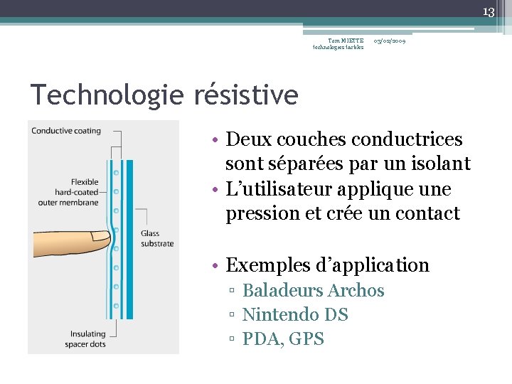 13 Tom MIETTE technologies tactiles 03/02/2009 Technologie résistive • Deux couches conductrices sont séparées 13 Tom MIETTE technologies tactiles 03/02/2009 Technologie résistive • Deux couches conductrices sont séparées