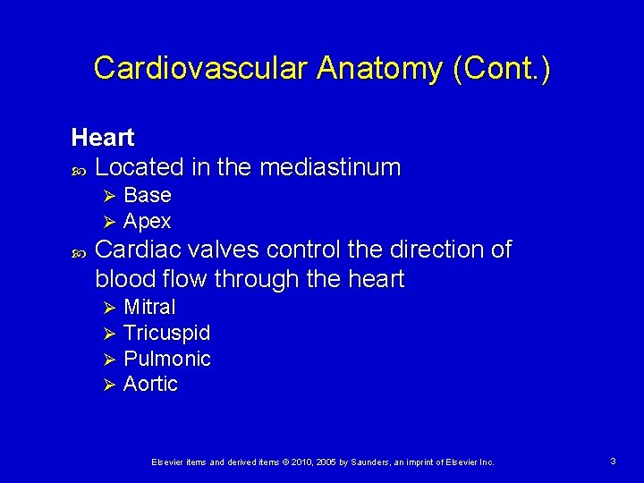 Cardiovascular Anatomy (Cont. ) Heart Located in the mediastinum Ø Ø Base Apex Cardiac