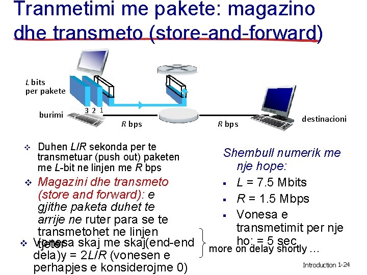 Tranmetimi me pakete: magazino dhe transmeto (store-and-forward) L bits per pakete burimi v v