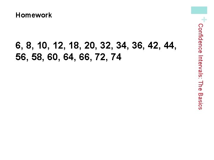 Confidence Intervals: The Basics 6, 8, 10, 12, 18, 20, 32, 34, 36, 42,