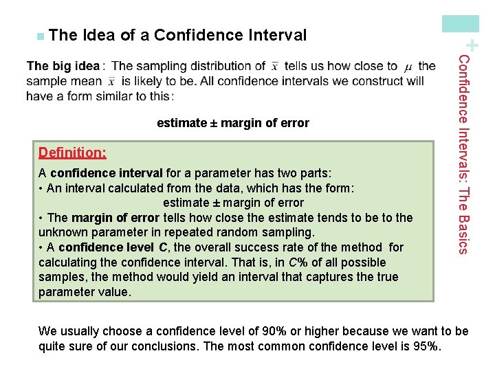 Idea of a Confidence Interval Definition: A confidence interval for a parameter has two