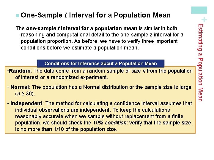 t Interval for a Population Mean The One-Sample t Interval for aa. Population Conditions