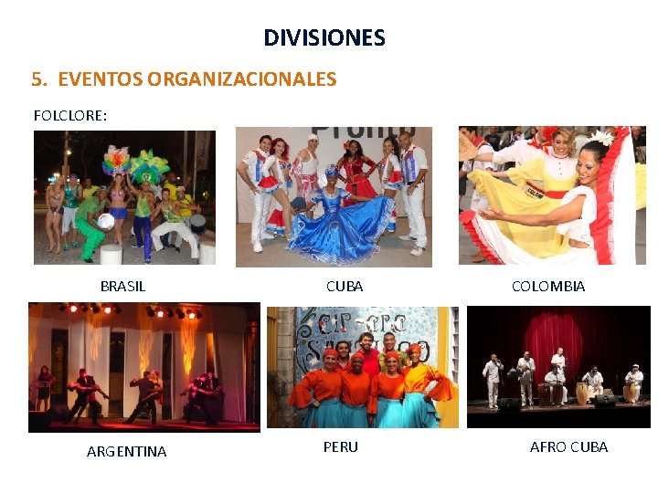 DIVISIONES 5. EVENTOS ORGANIZACIONALES FOLCLORE: BRASIL CUBA ARGENTINA PERU COLOMBIA AFRO CUBA 