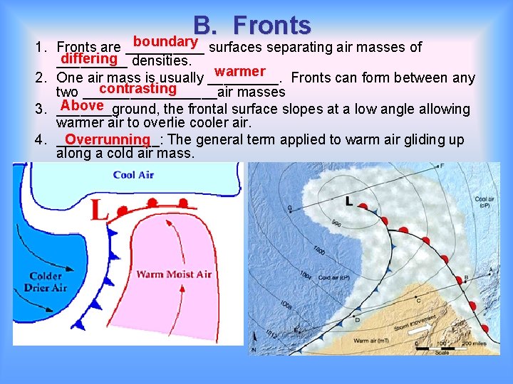 B. Fronts boundary 1. Fronts are _____ surfaces separating air masses of differing densities.