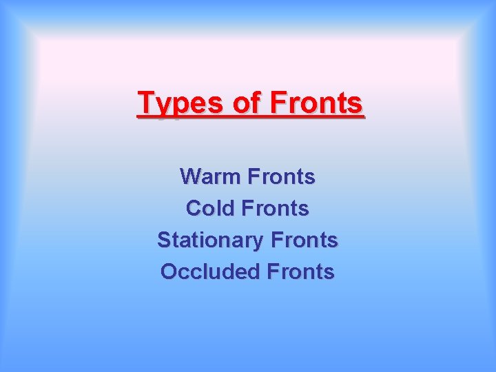Types of Fronts Warm Fronts Cold Fronts Stationary Fronts Occluded Fronts 