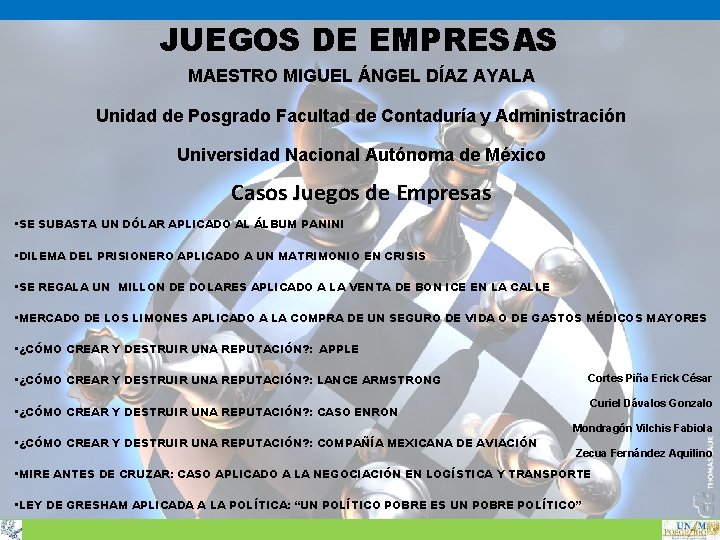 JUEGOS DE EMPRESAS MAESTRO MIGUEL ÁNGEL DÍAZ AYALA Unidad de Posgrado Facultad de Contaduría JUEGOS DE EMPRESAS MAESTRO MIGUEL ÁNGEL DÍAZ AYALA Unidad de Posgrado Facultad de Contaduría