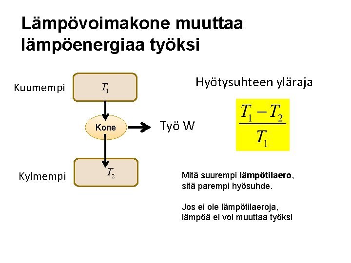 Lämpövoimakone muuttaa lämpöenergiaa työksi Hyötysuhteen yläraja Kuumempi Kone Kylmempi Työ W Mitä suurempi lämpötilaero,