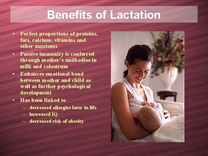 Benefits of Lactation • Perfect proportions of proteins, fats, calcium, vitamins and other nutrients