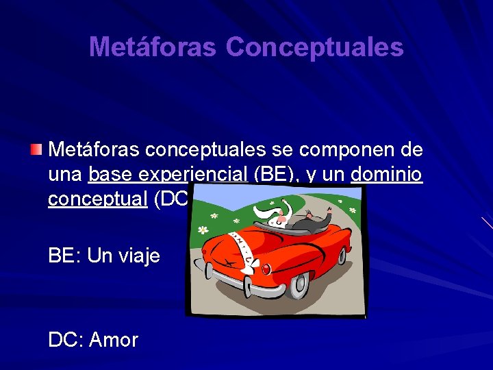 Metáforas Conceptuales Metáforas conceptuales se componen de una base experiencial (BE), y un dominio