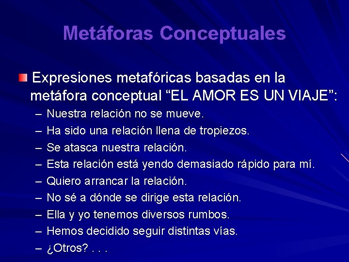 Metáforas Conceptuales Expresiones metafóricas basadas en la metáfora conceptual “EL AMOR ES UN VIAJE”: