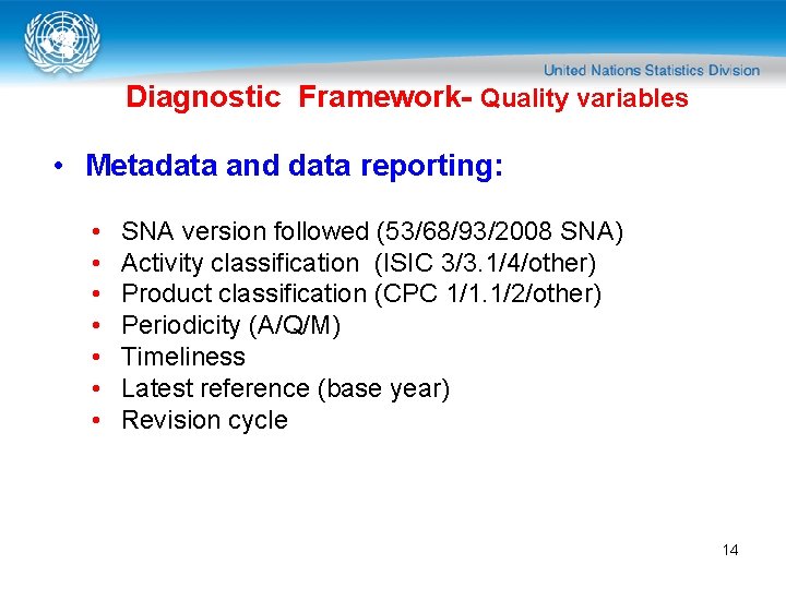 Diagnostic Framework- Quality variables • Metadata and data reporting: • • SNA version followed