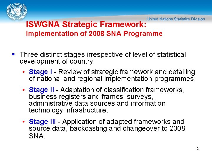 ISWGNA Strategic Framework: Implementation of 2008 SNA Programme § Three distinct stages irrespective of