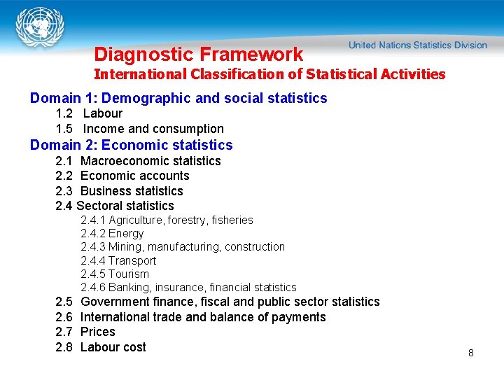 Diagnostic Framework International Classification of Statistical Activities Domain 1: Demographic and social statistics 1.