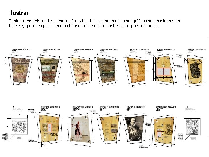 Ilustrar Tanto las materialidades como los formatos de los elementos museográficos son inspirados en Ilustrar Tanto las materialidades como los formatos de los elementos museográficos son inspirados en