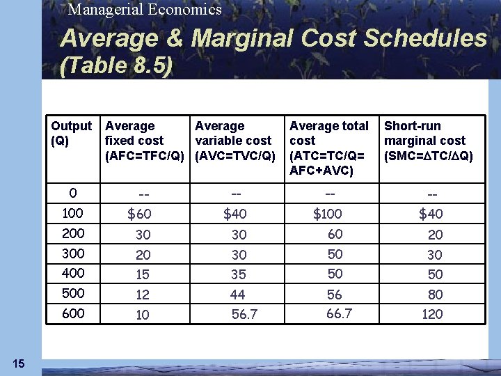 Managerial Economics Average & Marginal Cost Schedules (Table 8. 5) Output (Q) 0 15