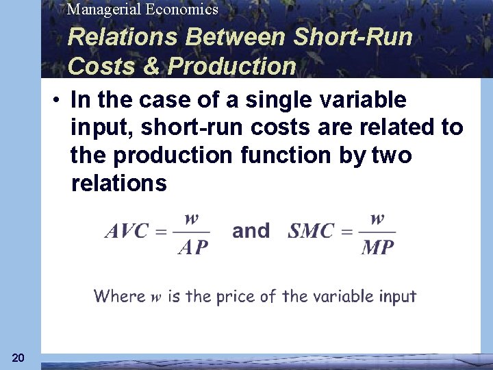 Managerial Economics Relations Between Short-Run Costs & Production • In the case of a