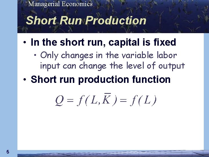 Managerial Economics Short Run Production • In the short run, capital is fixed •