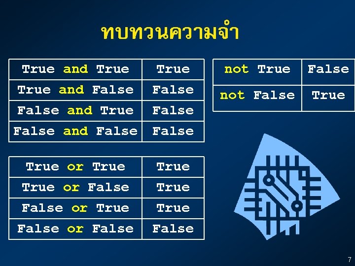 ทบทวนความจำ True and False and True False and False True or False or True