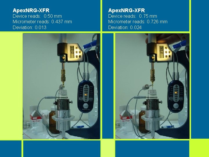 Apex. NRG-XFR Device reads: 0. 50 mm Micrometer reads: 0. 437 mm Deviation: 0. Apex. NRG-XFR Device reads: 0. 50 mm Micrometer reads: 0. 437 mm Deviation: 0.
