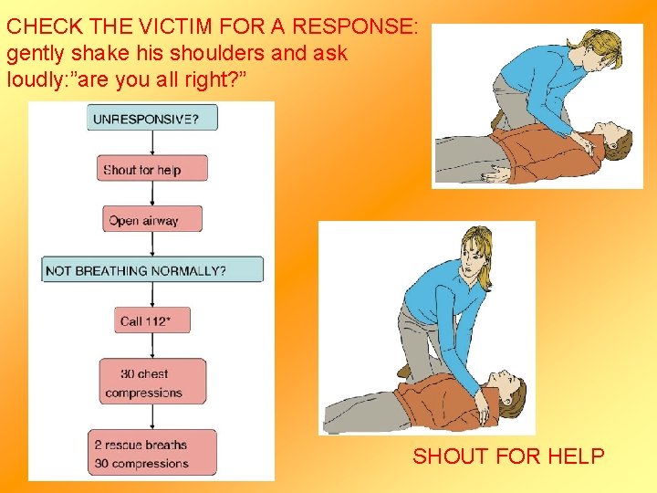 CHECK THE VICTIM FOR A RESPONSE: gently shake his shoulders and ask loudly: ”are