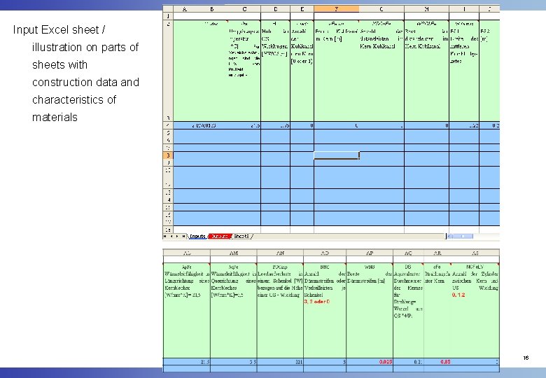 Input Excel sheet / illustration on parts of sheets with construction data and characteristics