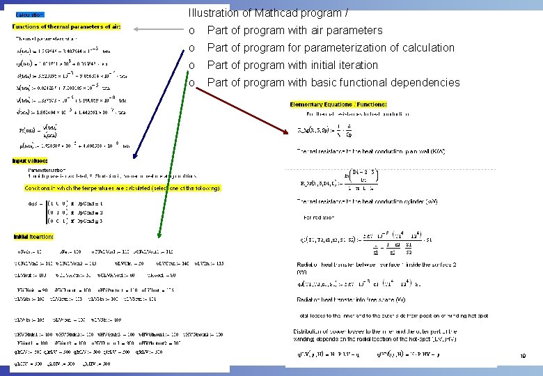 Illustration of Mathcad program / o Part of program with air parameters o Part