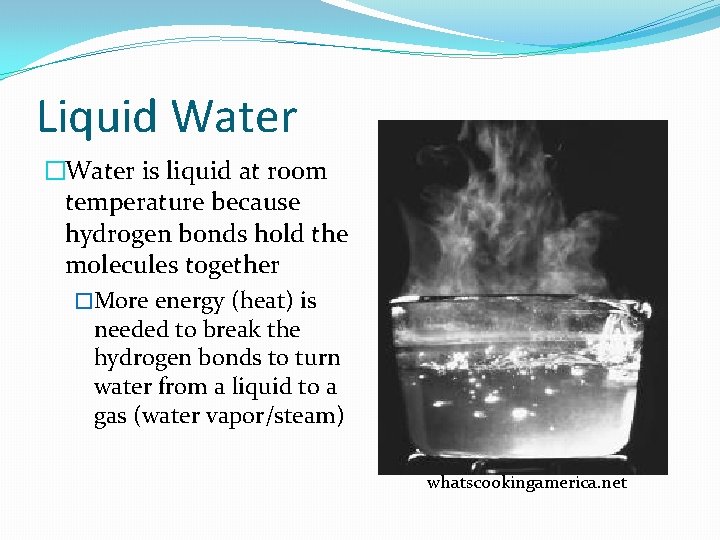 Liquid Water �Water is liquid at room temperature because hydrogen bonds hold the molecules Liquid Water �Water is liquid at room temperature because hydrogen bonds hold the molecules
