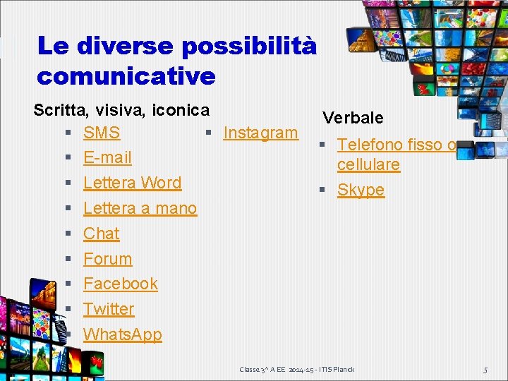 Le diverse possibilità comunicative Scritta, visiva, iconica SMS Instagram E-mail Lettera Word Lettera a Le diverse possibilità comunicative Scritta, visiva, iconica SMS Instagram E-mail Lettera Word Lettera a