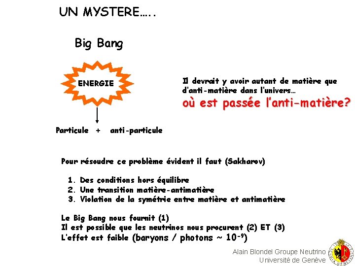 UN MYSTERE…. . Big Bang ENERGIE Il devrait y avoir autant de matière que