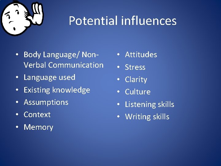 Potential influences • Body Language/ Non. Verbal Communication • Language used • Existing knowledge