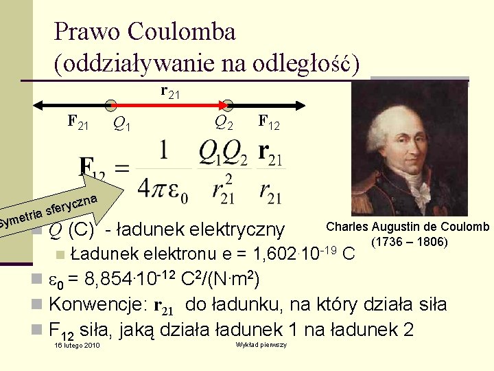 Prawo Coulomba (oddziaływanie na odległość) r 21 F 21 Q 2 F 12 Sym