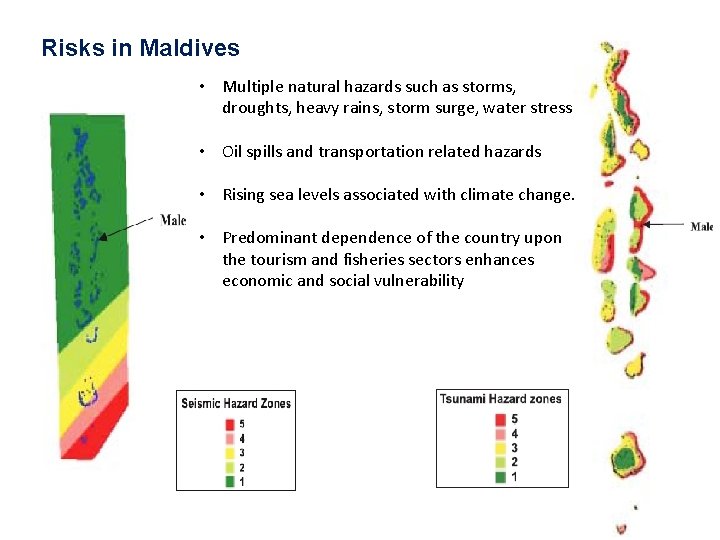 Risks in Maldives • Multiple natural hazards such as storms, droughts, heavy rains, storm