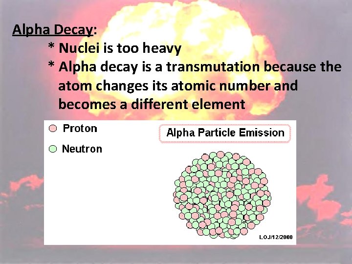 Alpha Decay: * Nuclei is too heavy * Alpha decay is a transmutation because