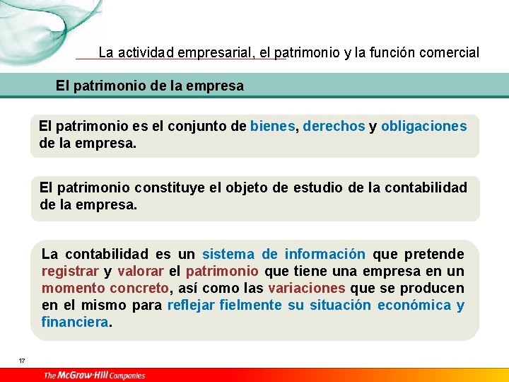 La actividad empresarial, el patrimonio y la función comercial El patrimonio de la empresa